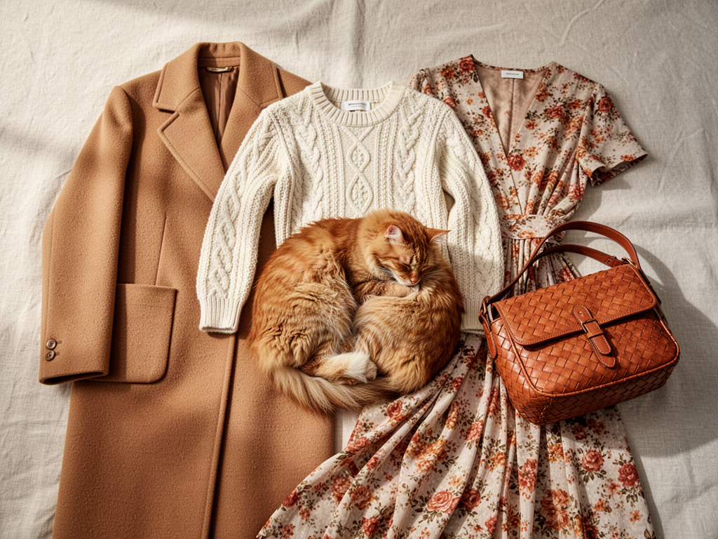 Pre-loved clothes laid out with a sleeping cat